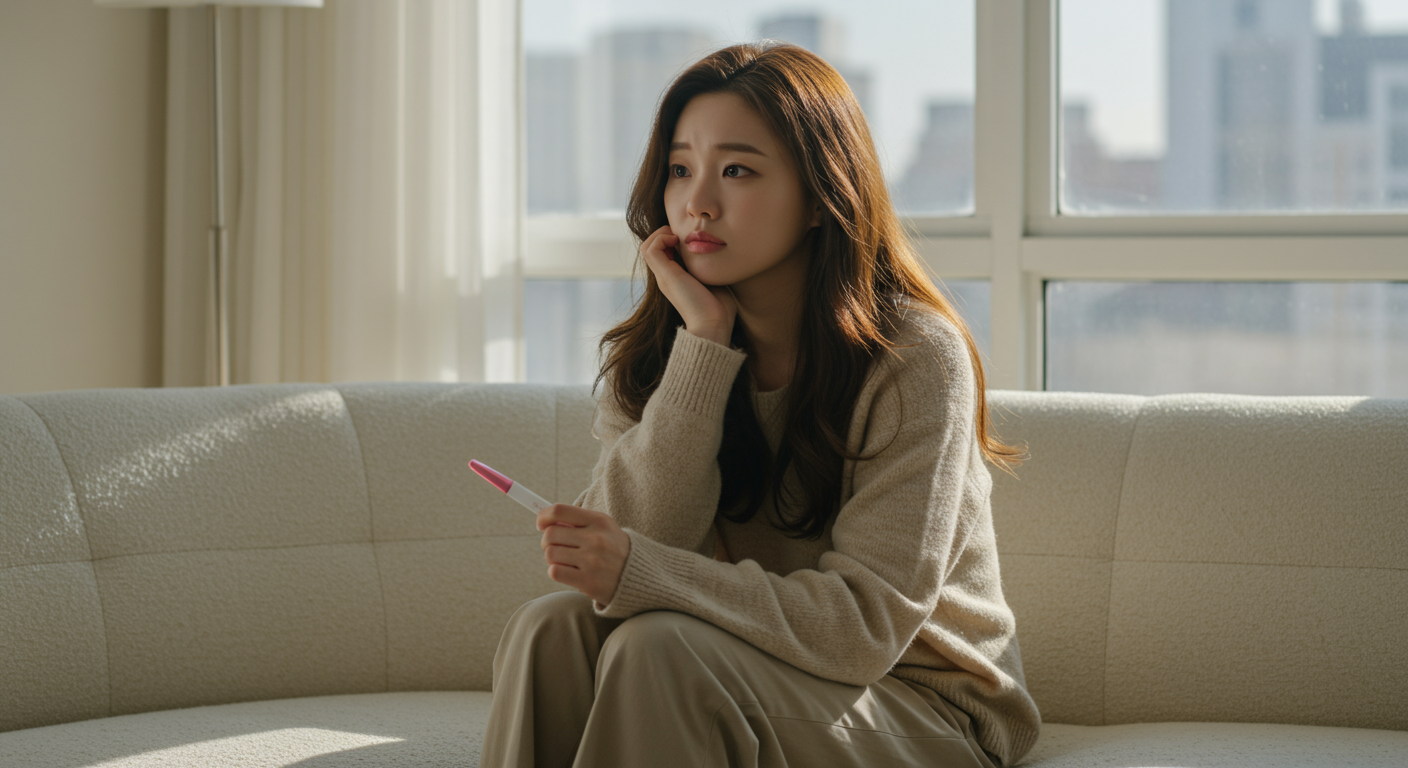 아파트 거실 소파에 앉아 임신 테스트기를 들고 생각에 잠긴 여성