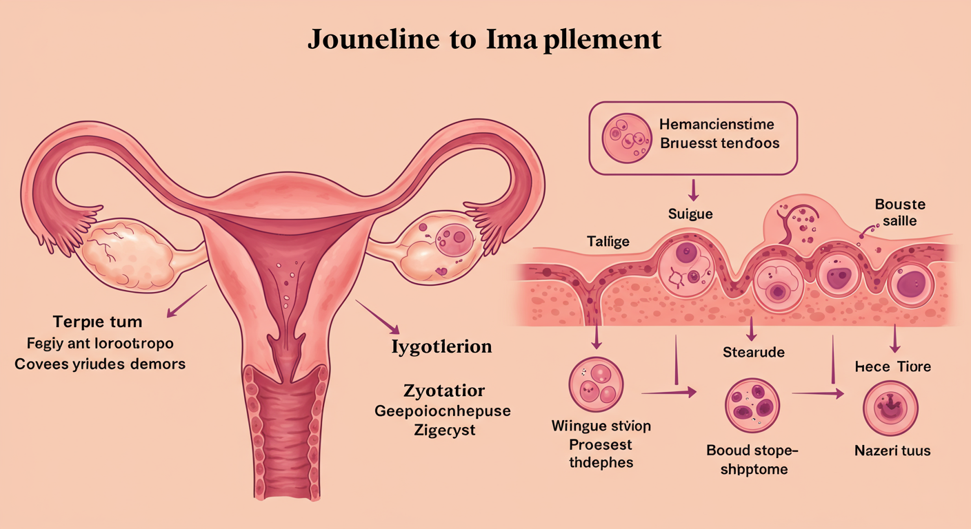 수정에서 착상까지의 과정과 초기 신체 변화를 설명하는 타임라인 일러스트