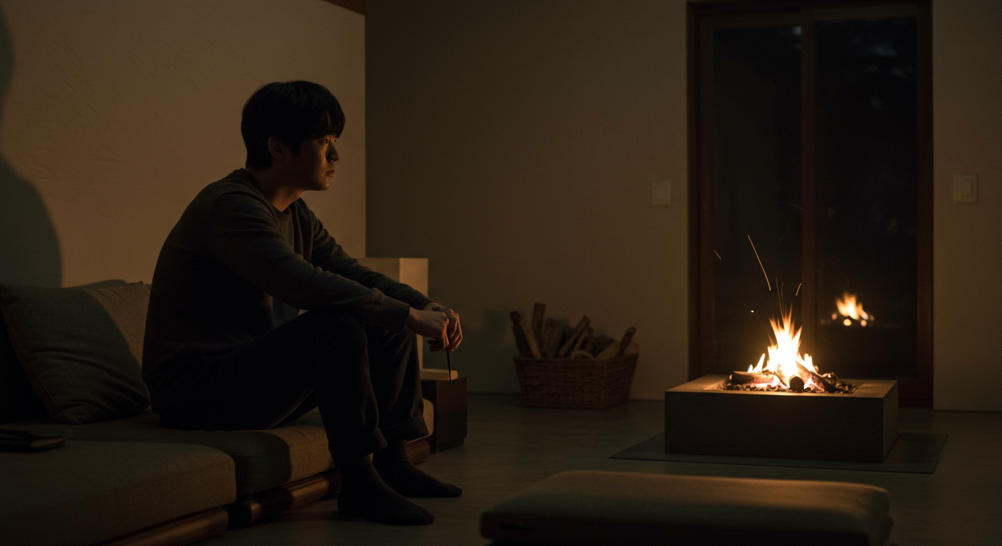 현대인이 어두운 방에서 작은 불을 배경으로 사색하는 모습