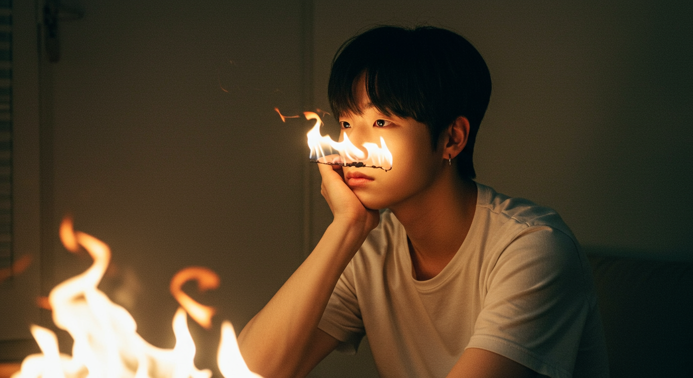 조용히 앉아 얼굴에 은은하게 비치는 꿈 같은 불빛을 바라보는 한국인