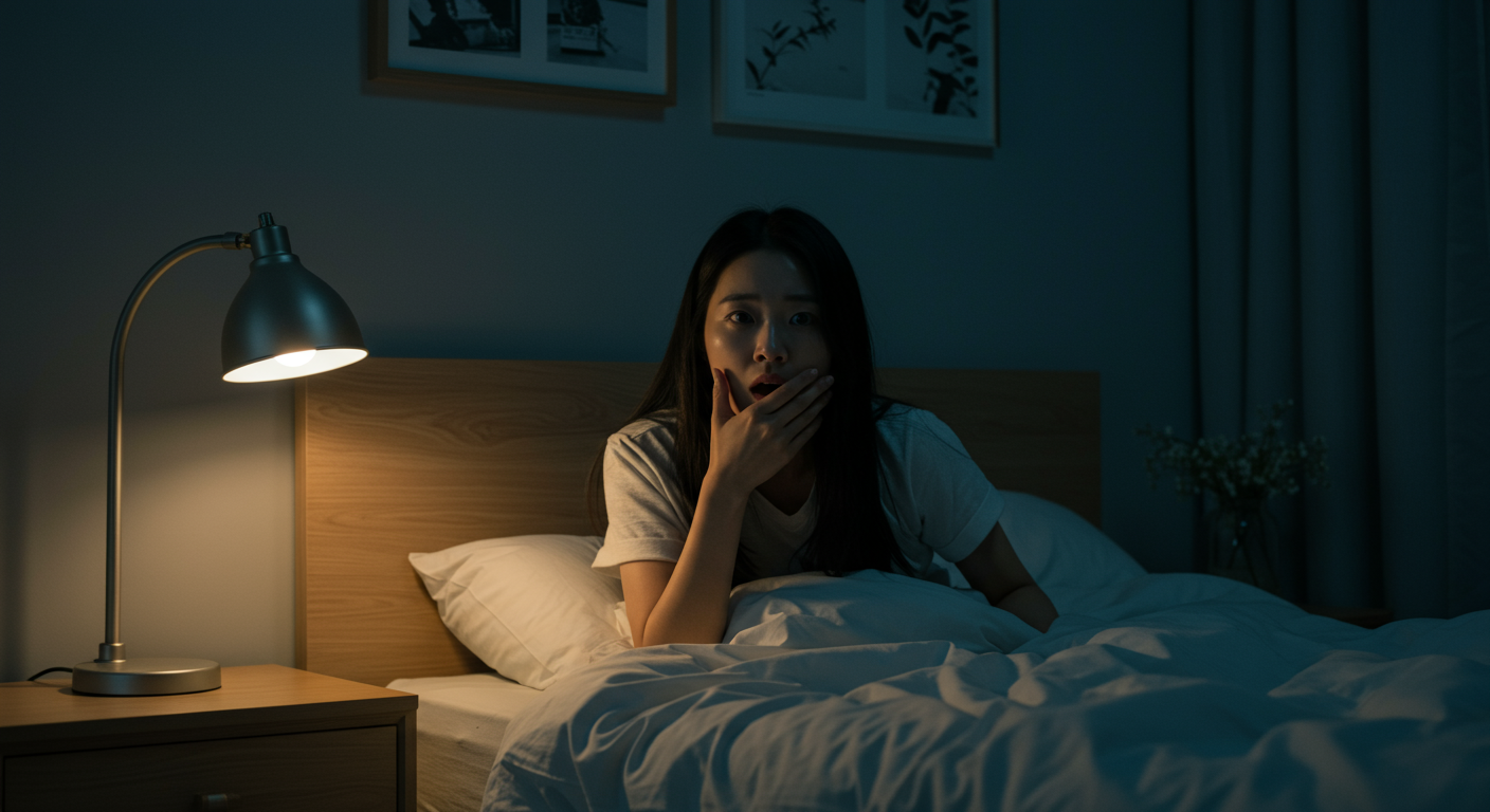 현대적인 침실에서 입을 감싸고 깜짝 놀라 일어나는 사람