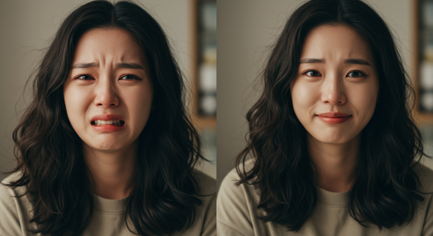 치아 빠지는 꿈으로 인해 고뇌와 안도를 동시에 느끼는 사람의 이중 이미지