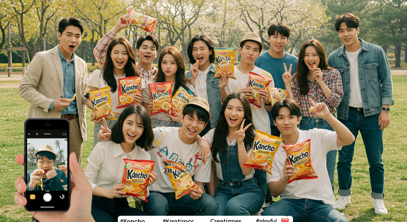 젊은 사람들이 칸쵸와 함께 사진을 찍고 SNS에 올리는 장면