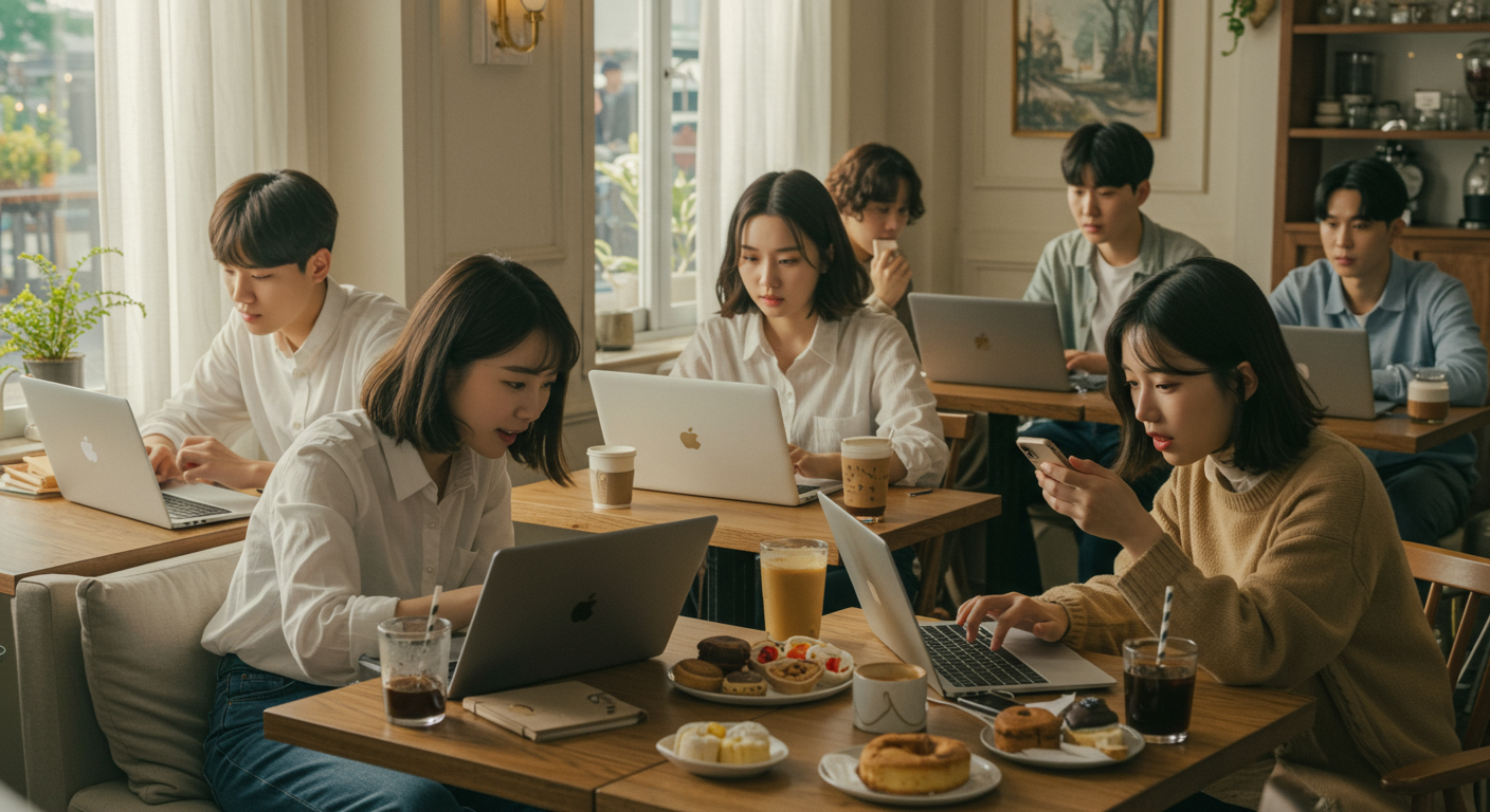 카페에서 노트북과 스마트폰으로 온라인 플랫폼에서 자유롭게 아이디어를 교환하는 젊은이들