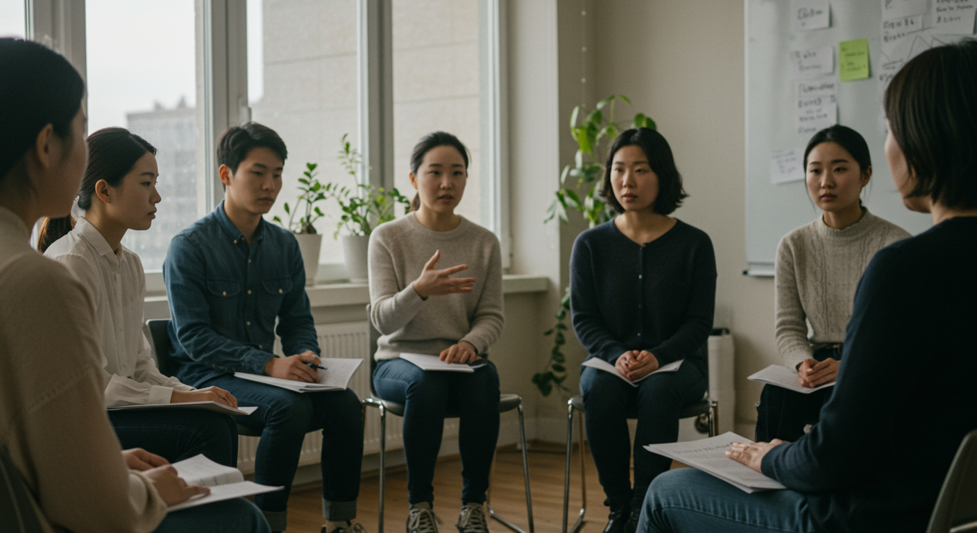 피해자들이 지원 모임에서 자신의 경험을 나누고 있는 장면