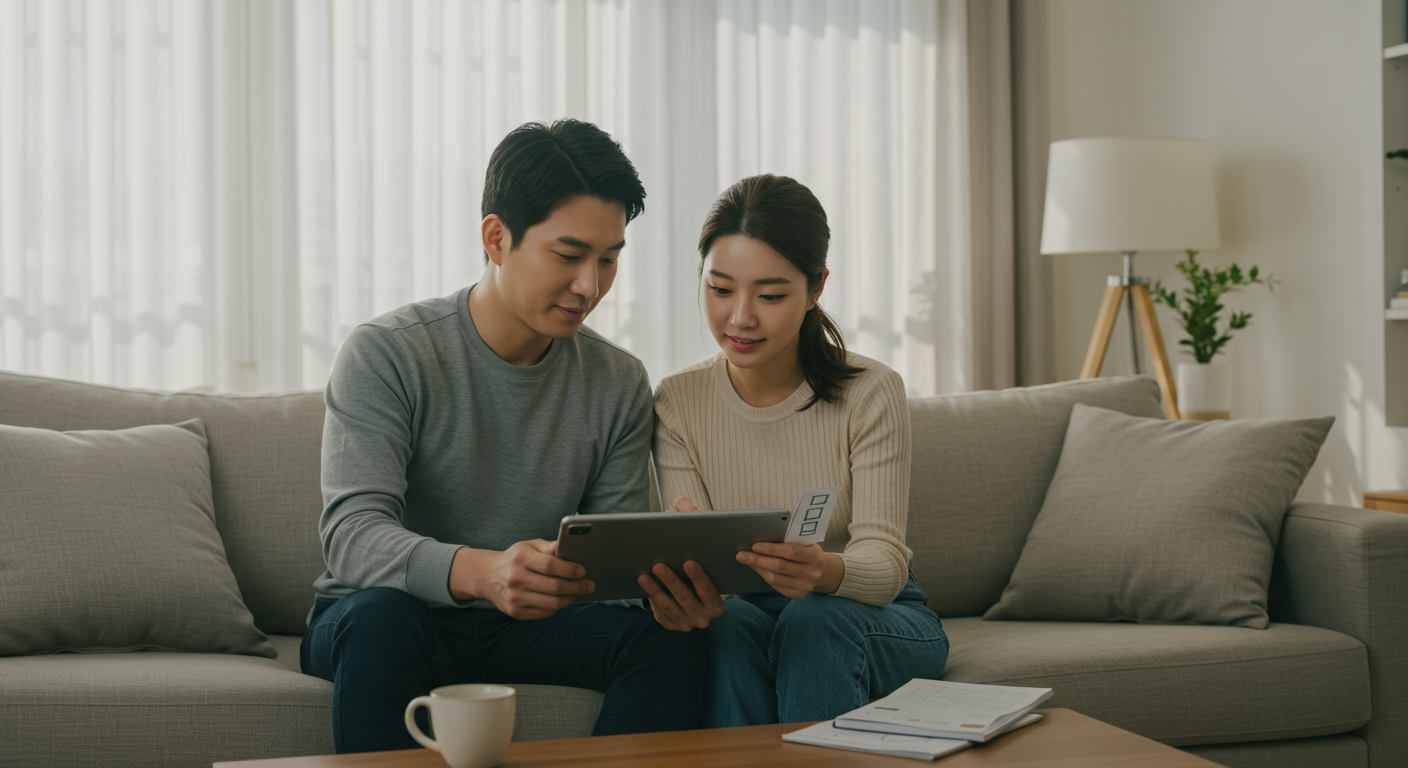 한국인 부부가 현대 팰리세이드 하이브리드를 구매하기 전 체크리스트를 검토하는 모습