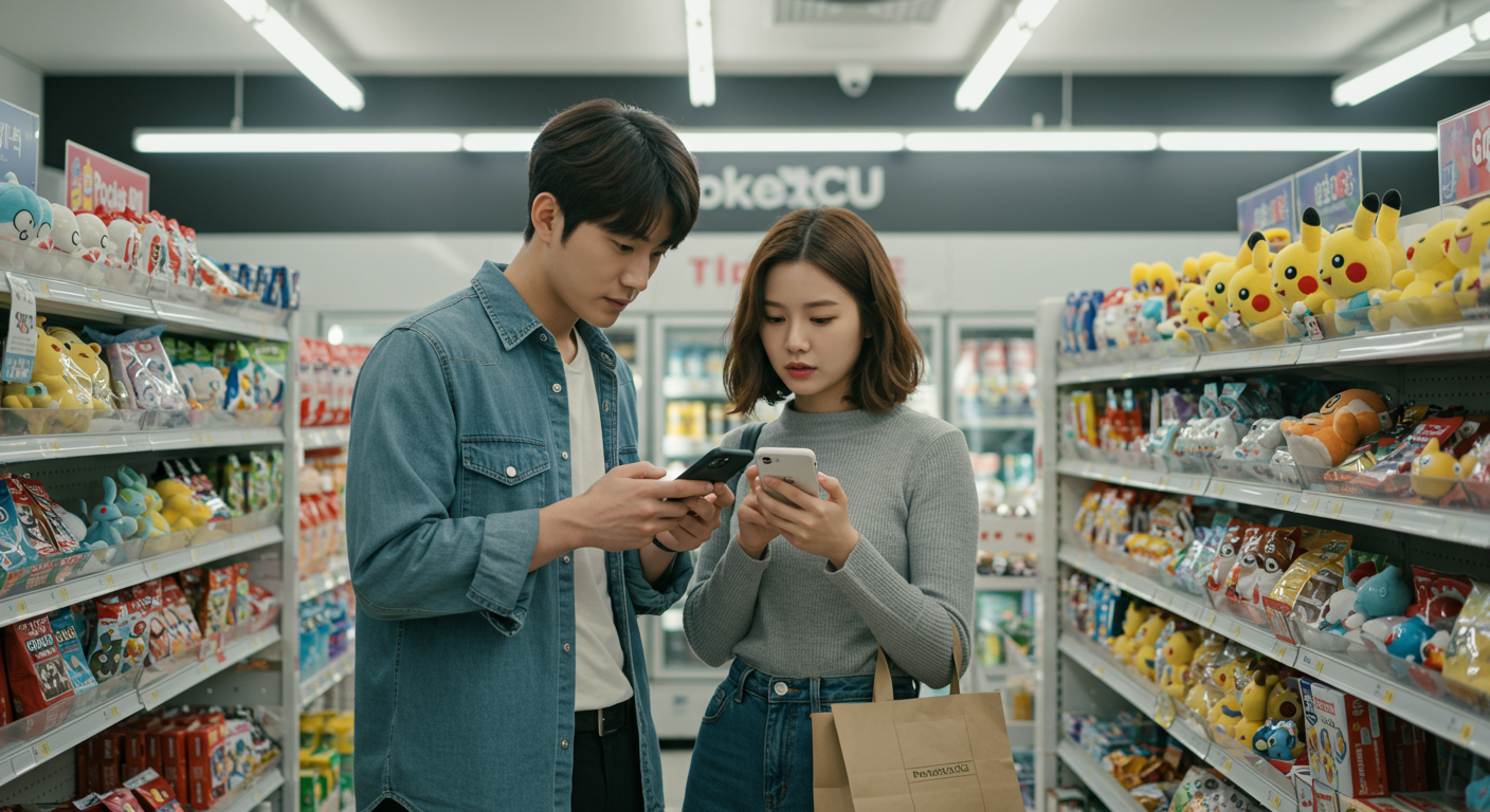 현대식 편의점 내부에서 포켓CU 앱을 확인하며 포켓몬 상품을 둘러보는 젊은 커플