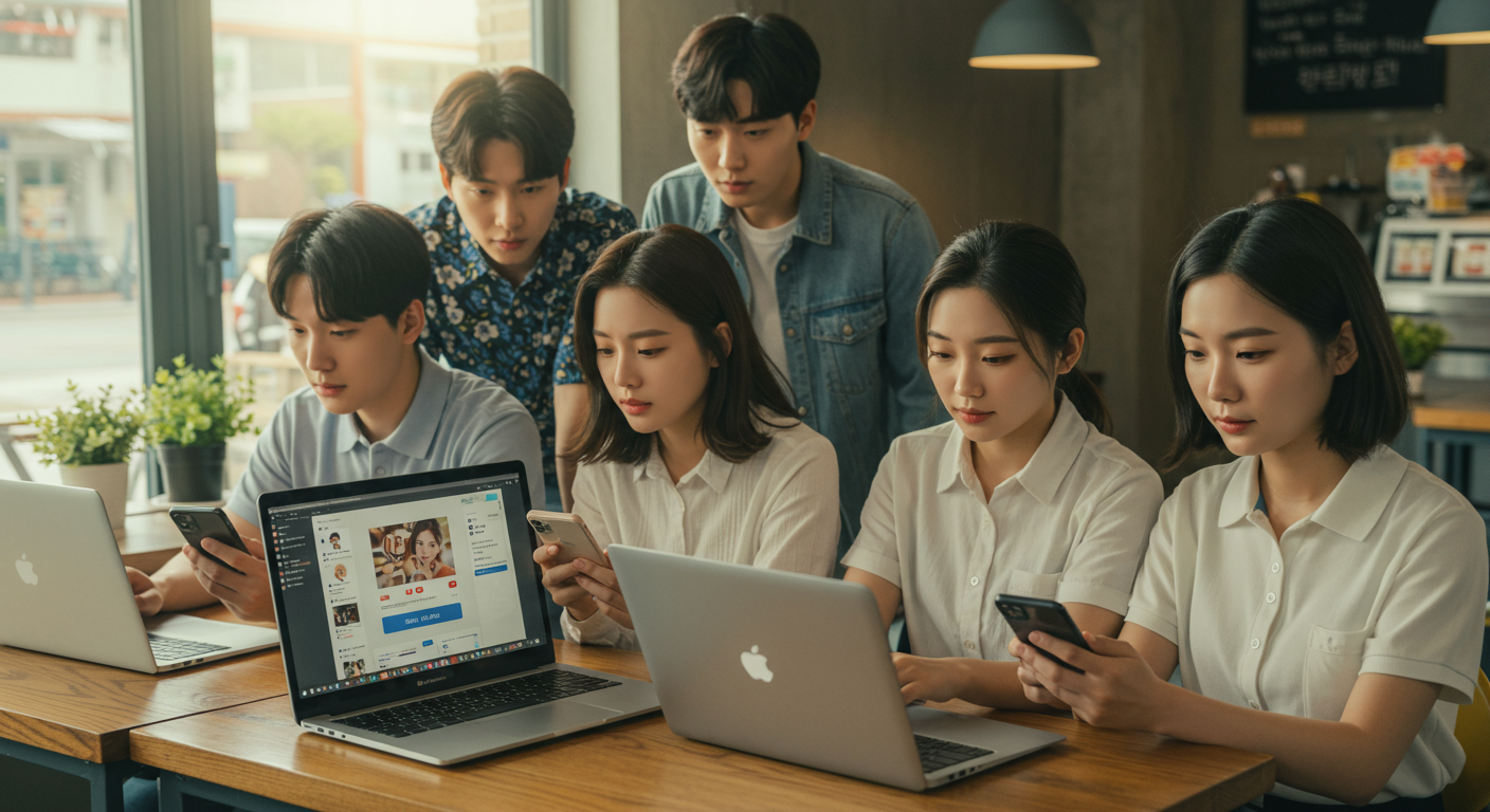 노트북과 스마트폰으로 인기 있는 테마 플랫폼을 탐색하며 안전한 다운로드 옵션을 확인하는 사람들