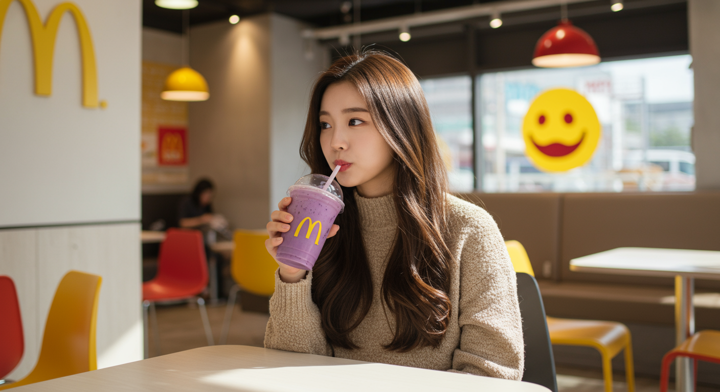 젊은 여성이 맥도날드에서 보라색의 그리머스 쉐이크를 즐기는 모습
