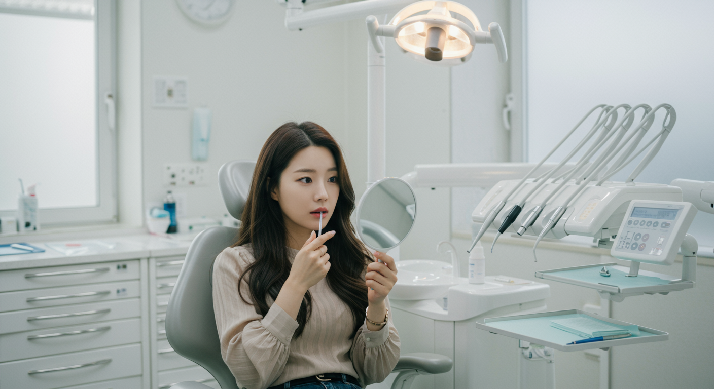 현대적인 치과에서 거울을 보며 치아를 살펴보는 여성