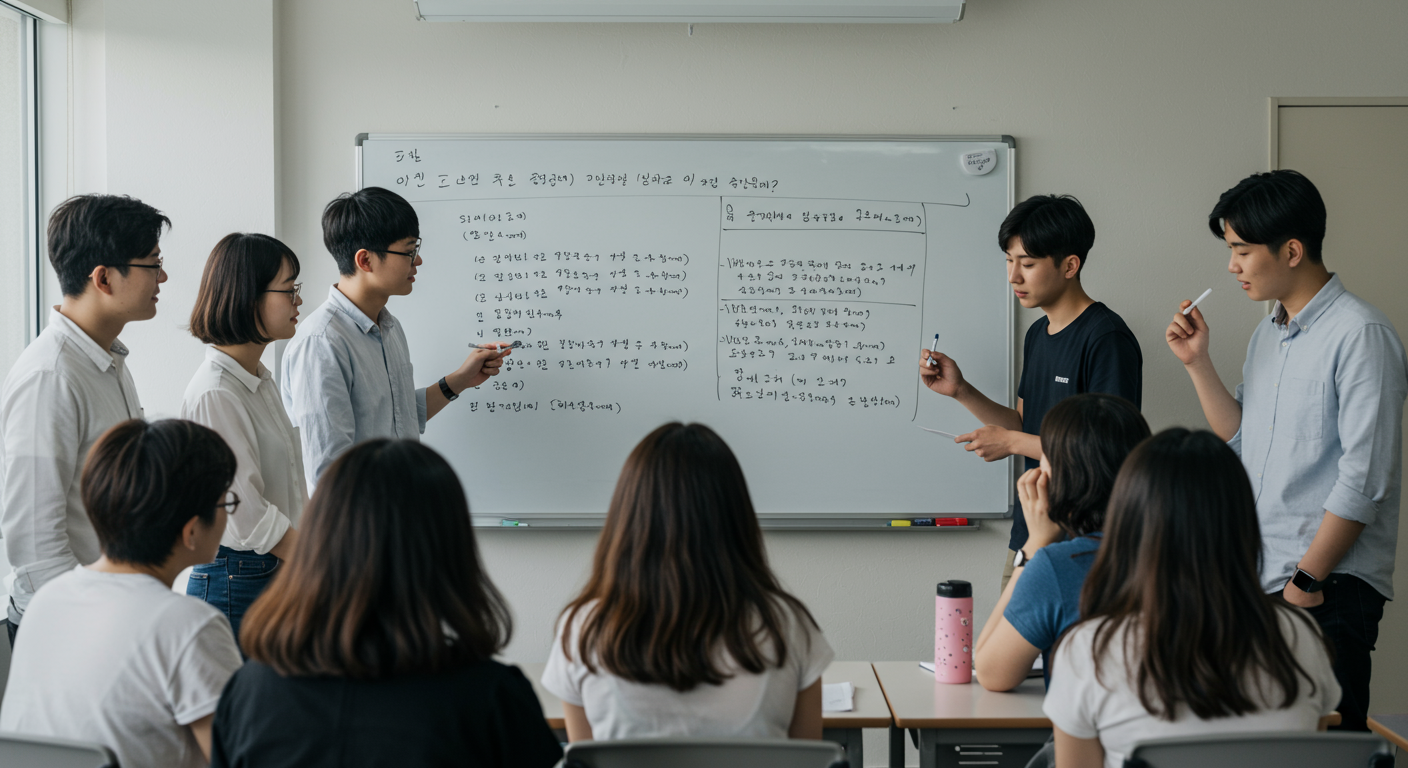 교실에서 한국어 문법을 배우며 헷갈리는 학생들