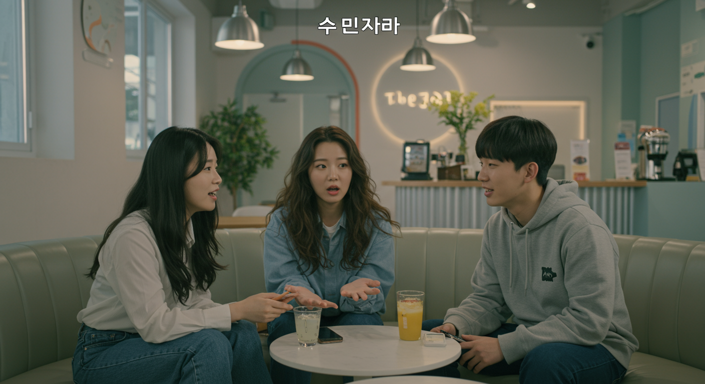 현대적인 카페에서 '야릇하다' 단어를 이야기하는 친구들