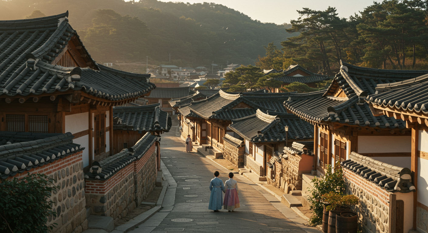 전통 가옥과 함께 보이는 역사적인 한국 마을 풍경