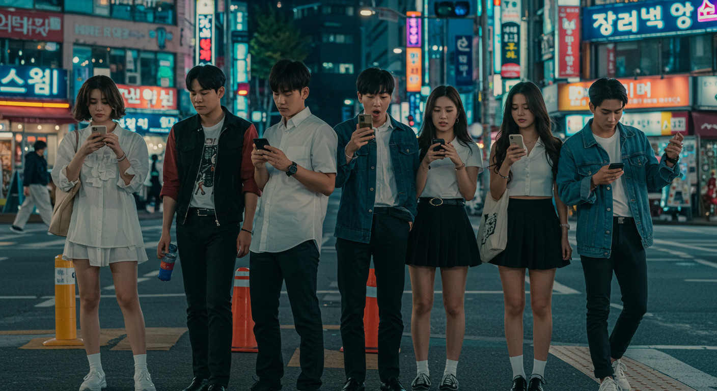 도심 속 스마트폰을 사용하는 젊은 세대들의 모습