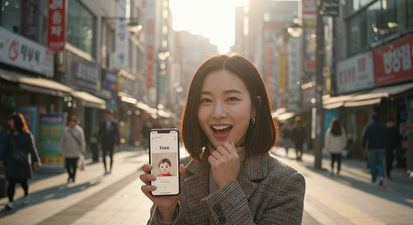 현대 한국 여성이 스마트폰으로 토스 앱을 사용하는 모습