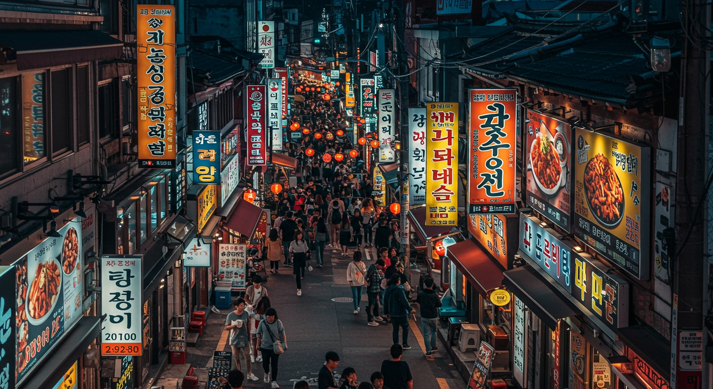 부산 초량동의 갈비 전문점들이 늘어선 활기찬 거리 풍경