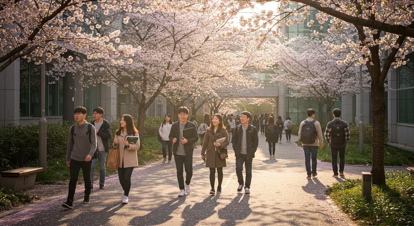 현대적인 한국 대학 캠퍼스에서 학생들이 벚꽃 아래 걷고 있는 모습