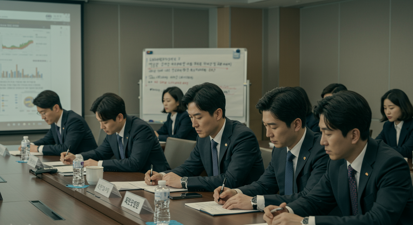 미국-중국 무역 협상이 안전 자산인 금에 미치는 영향을 논의하는 회의실의 한국 비즈니스 전문가들