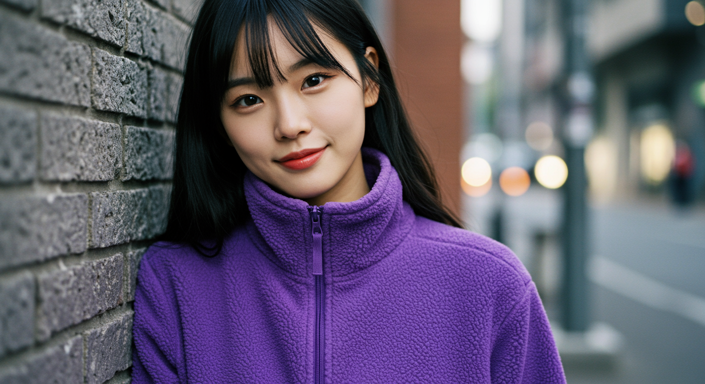 자연광 아래 퍼플 플리스 풀집 재킷을 입은 한국 모델의 세련된 모습