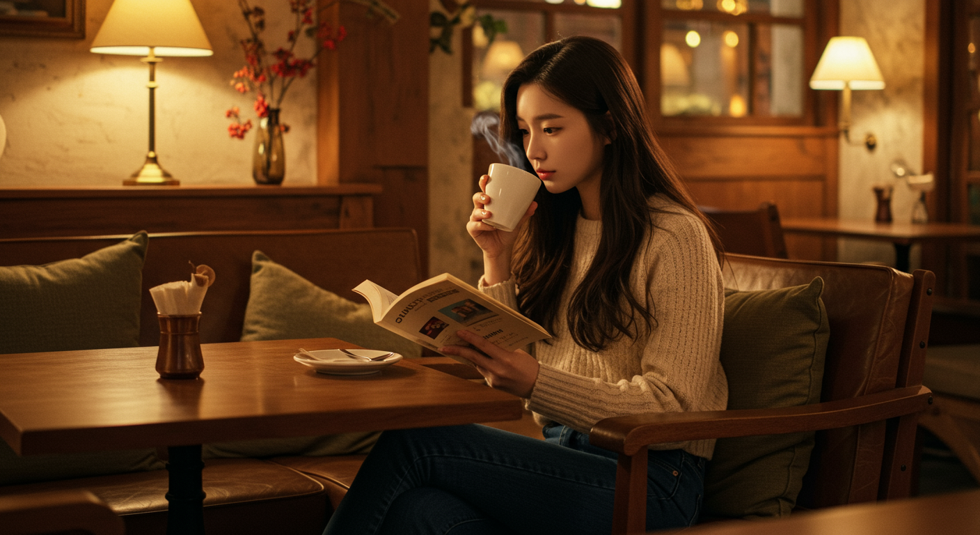 카페에서 커피를 마시며 독서를 하는 젊은 여자의 모습