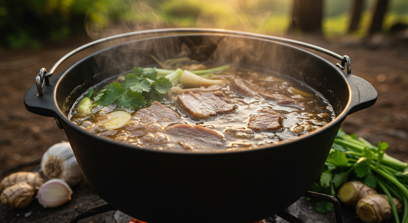 라면수프와 향신료로 간편하게 조리 중인 돼지고기 수육 냄비