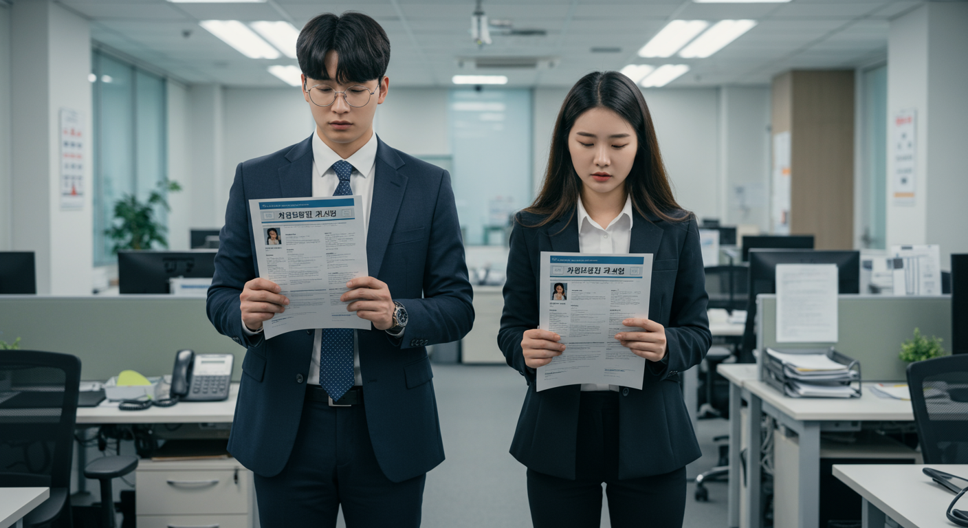 취업 난관에 처한 젊은 졸업생들이 사무실에서 이력서를 들고 있는 장면