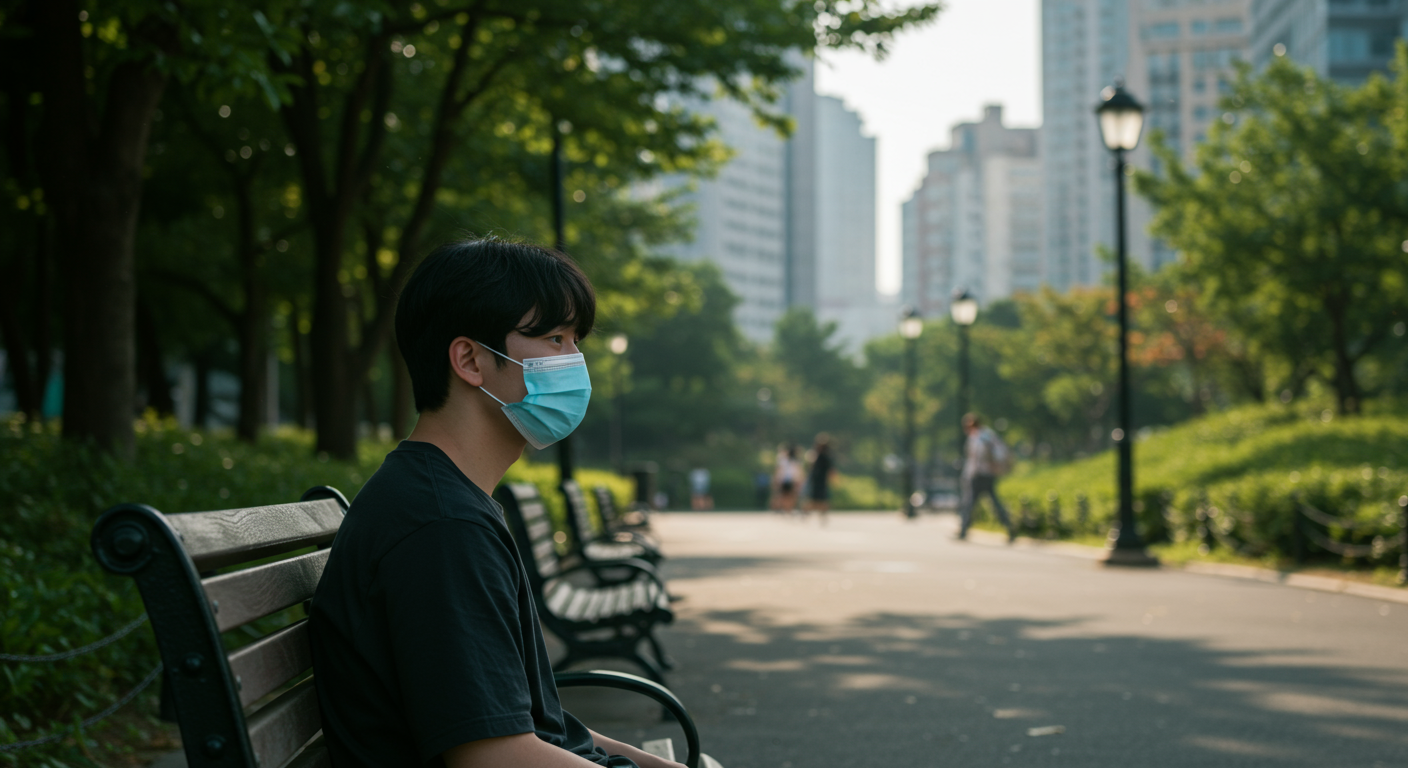 마스크를 쓰고 도심 공원에 홀로 앉아 있는 사람의 고독한 모습