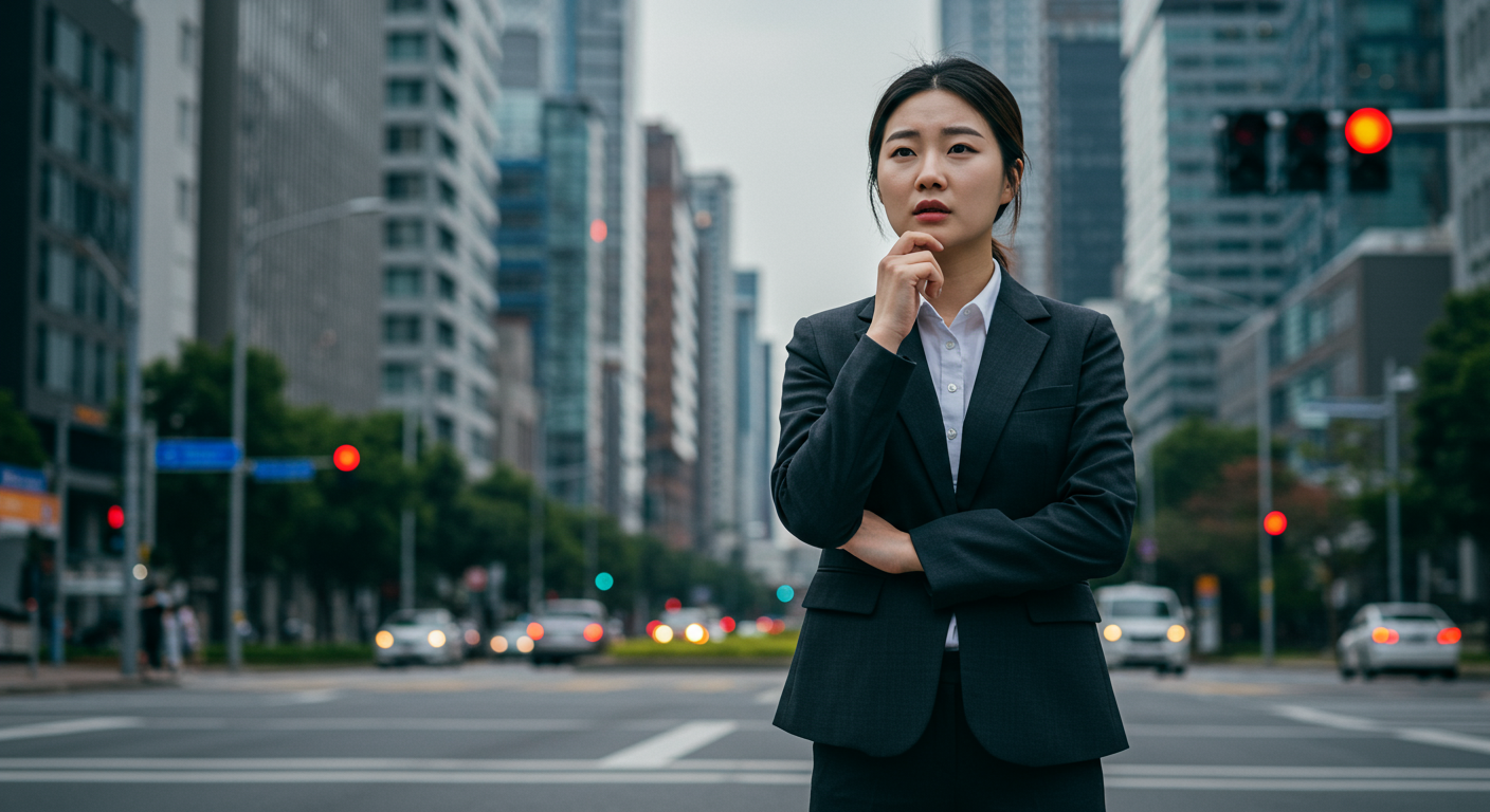 도시를 배경으로 중요한 결정을 앞둔 비즈니스맨의 결단의 순간
