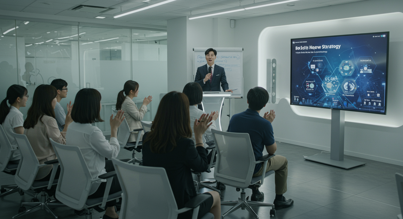 현대식 오피스에서 혁신 전략을 발표하는 CEO와 직원들의 역동적인 모습