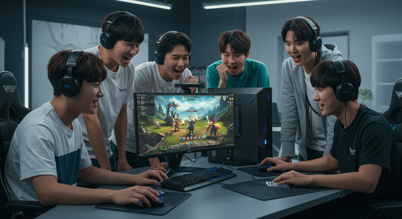 한국 게이머들이 컴퓨터 화면 앞에 모여 MMORPG 게임을 보고 있는 장면