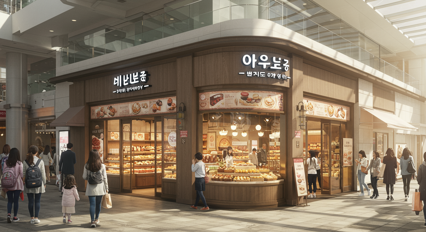 대전 롯데백화점에 위치한 현대적인 베이커리 외관과 붐비는 사람들