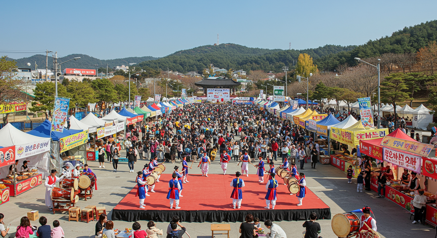 맑은 날씨 아래 펼쳐진 김치 축제에서의 공연과 음식 부스 풍경