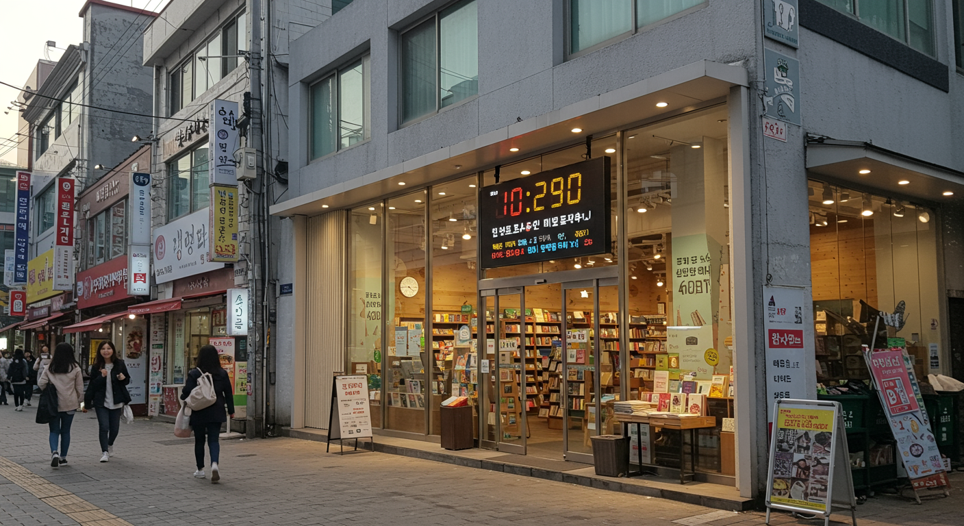 광주 충장로의 현대적인 서점 외관과 디지털 시계가 새 운영 시간을 보여주는 모습