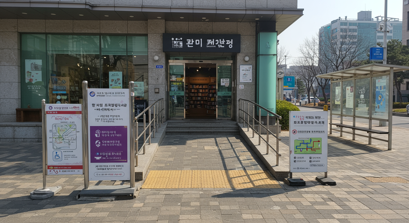 대중교통으로 쉽게 접근할 수 있는 서점 입구와 명확한 표지판이 있는 모습