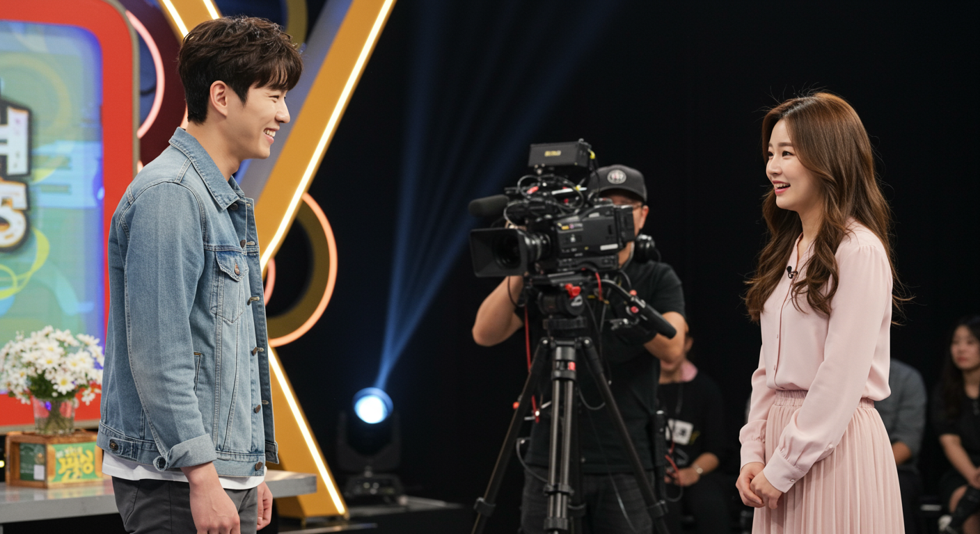 인기 예능 프로그램 세트장에서 처음 만난 두 사람의 순간을 담은 장면