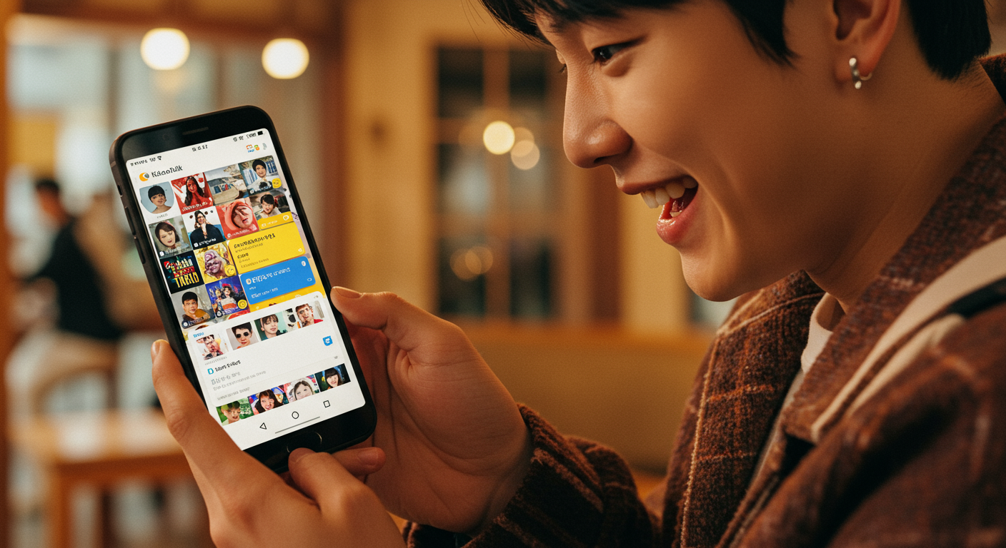 스마트폰으로 다양한 테마가 적용된 카카오톡을 사용하는 젊은이