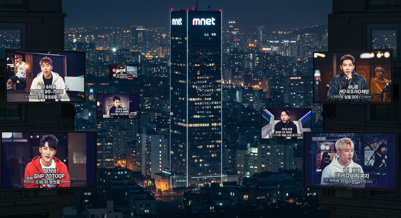 서울 스카이라인과 엠넷 건물이 빛나는 야경 속 실내에서 힙합 오디션 프로그램을 시청하는 사람들
