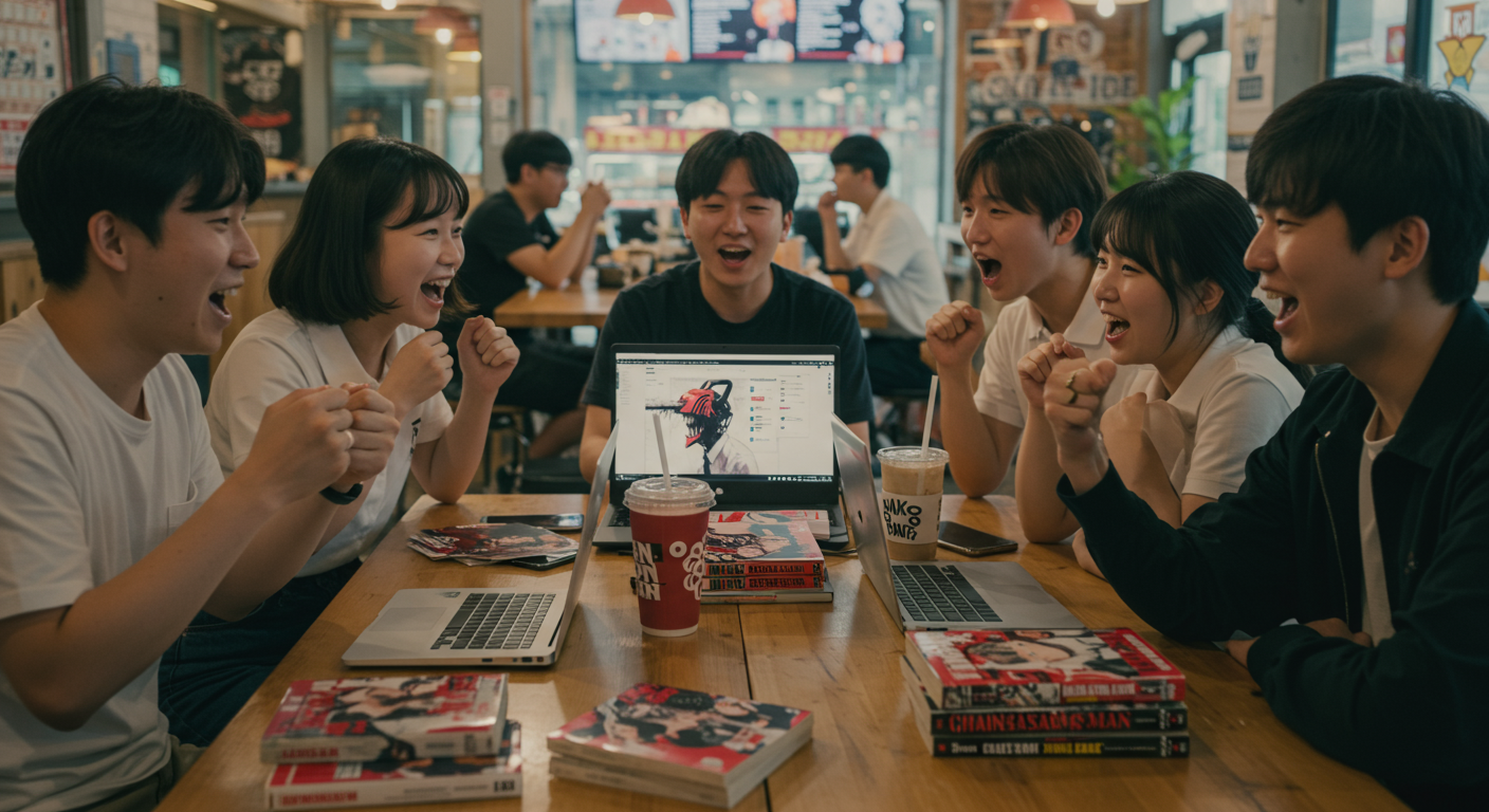 카페에서 체인소맨 영화 성공에 대해 이야기하는 애니 팬들