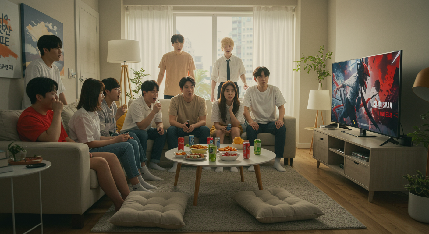 거실에서 TV로 체인소맨 영상을 시청하며 기대하는 다양한 팬들