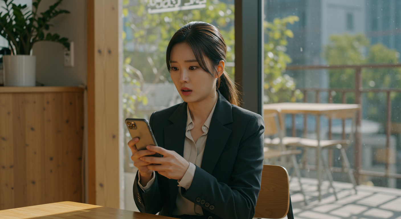 서울 카페에서 스마트폰을 보며 놀란 표정을 짓는 현대적인 직장인의 모습