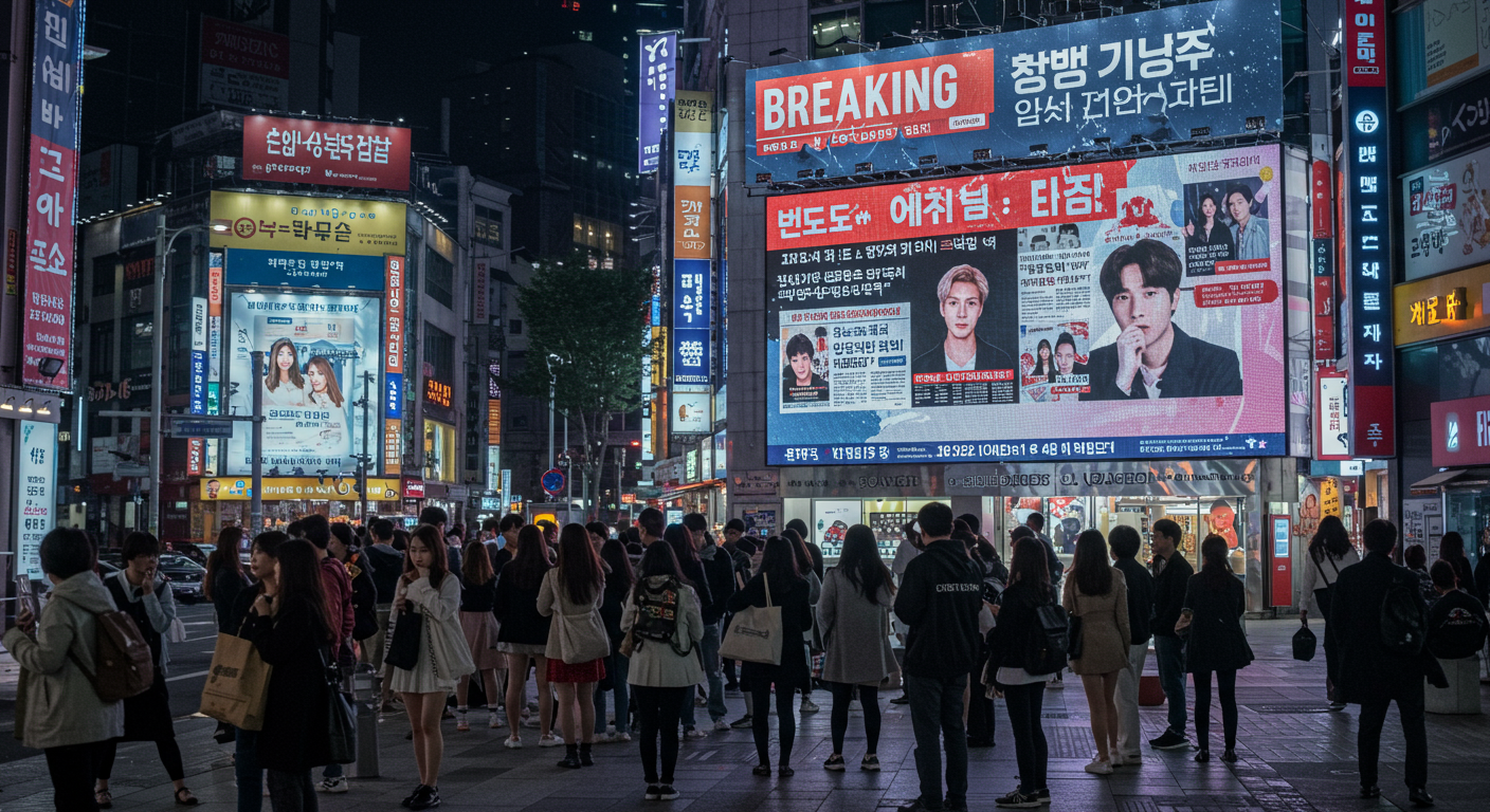 강남 거리에서 대형 전광판으로 뉴스 속보를 보는 사람들