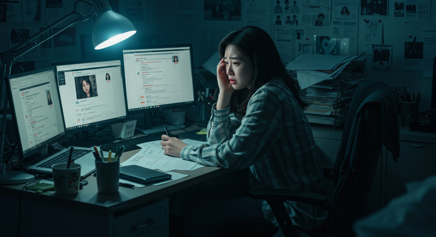 책상에 앉아 온라인 비방 글로 인해 괴로워하는 젊은 여성의 모습