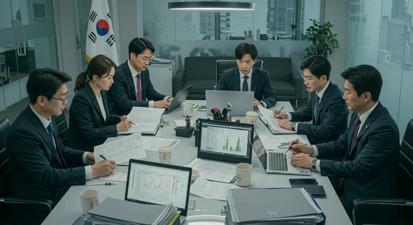 사이버 범죄 관련 서류와 노트북을 보며 회의 중인 법률팀