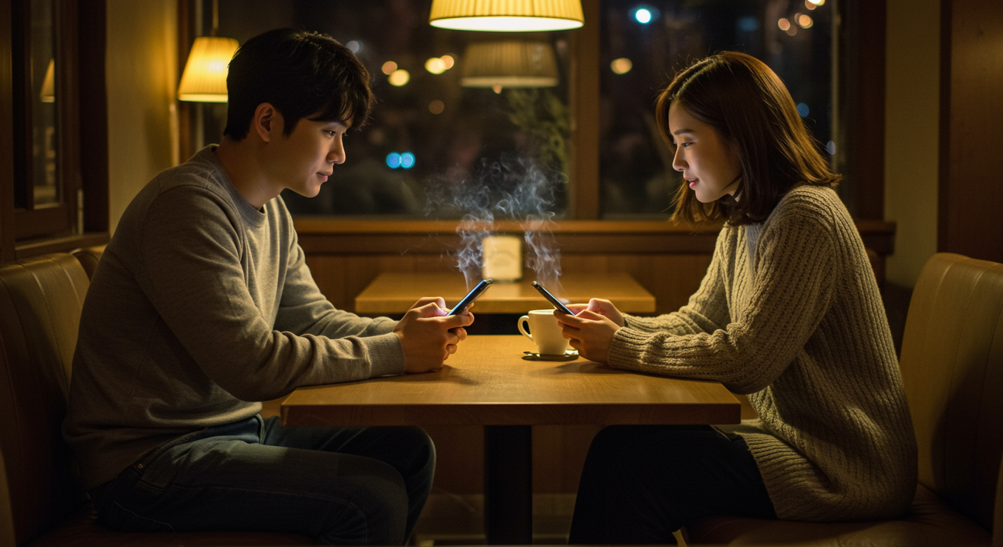 아늑한 카페에서 스마트폰으로 방송 일정을 확인하며 커피를 마시는 한국인 커플