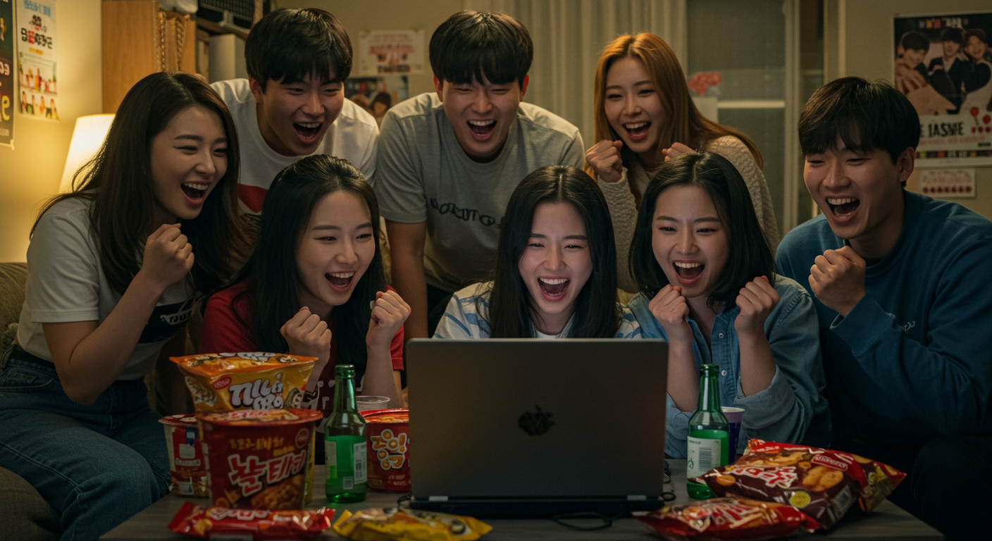 노트북 앞에서 좋아하는 데이팅 쇼의 성공을 축하하며 간식과 음료를 즐기는 젊은 한국인들