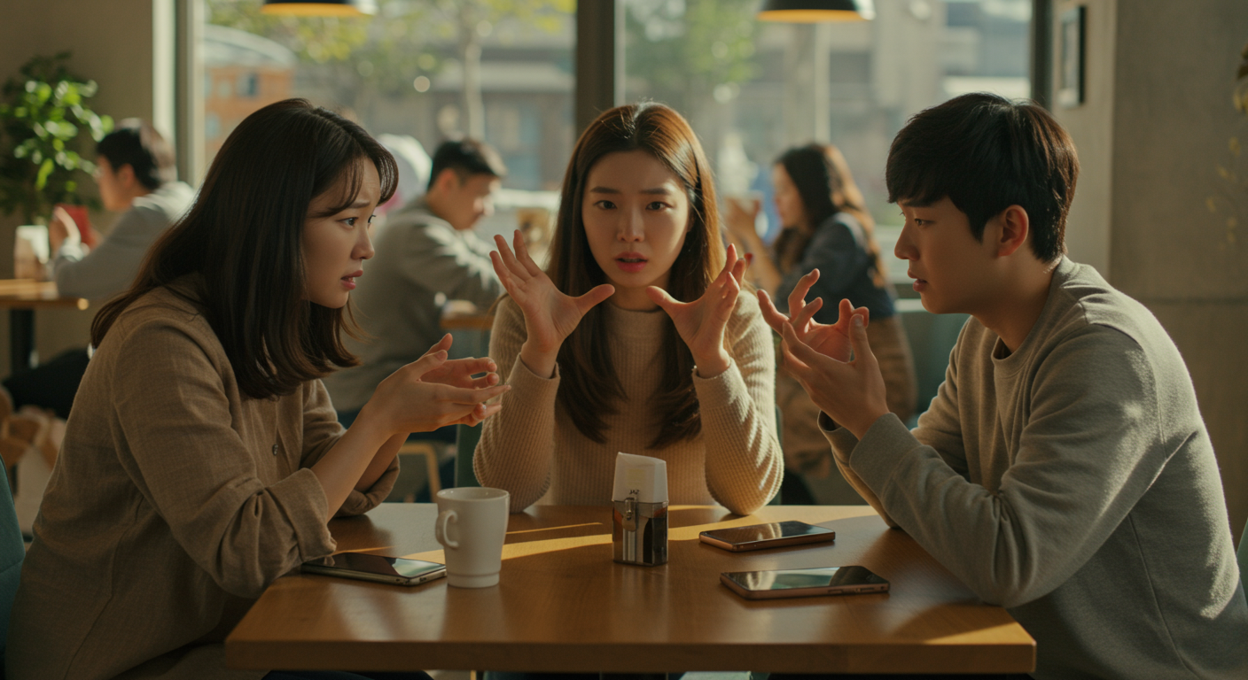 카페에서 친구들이 서로의 카카오톡 멀티프로필에 대해 이야기하는 모습