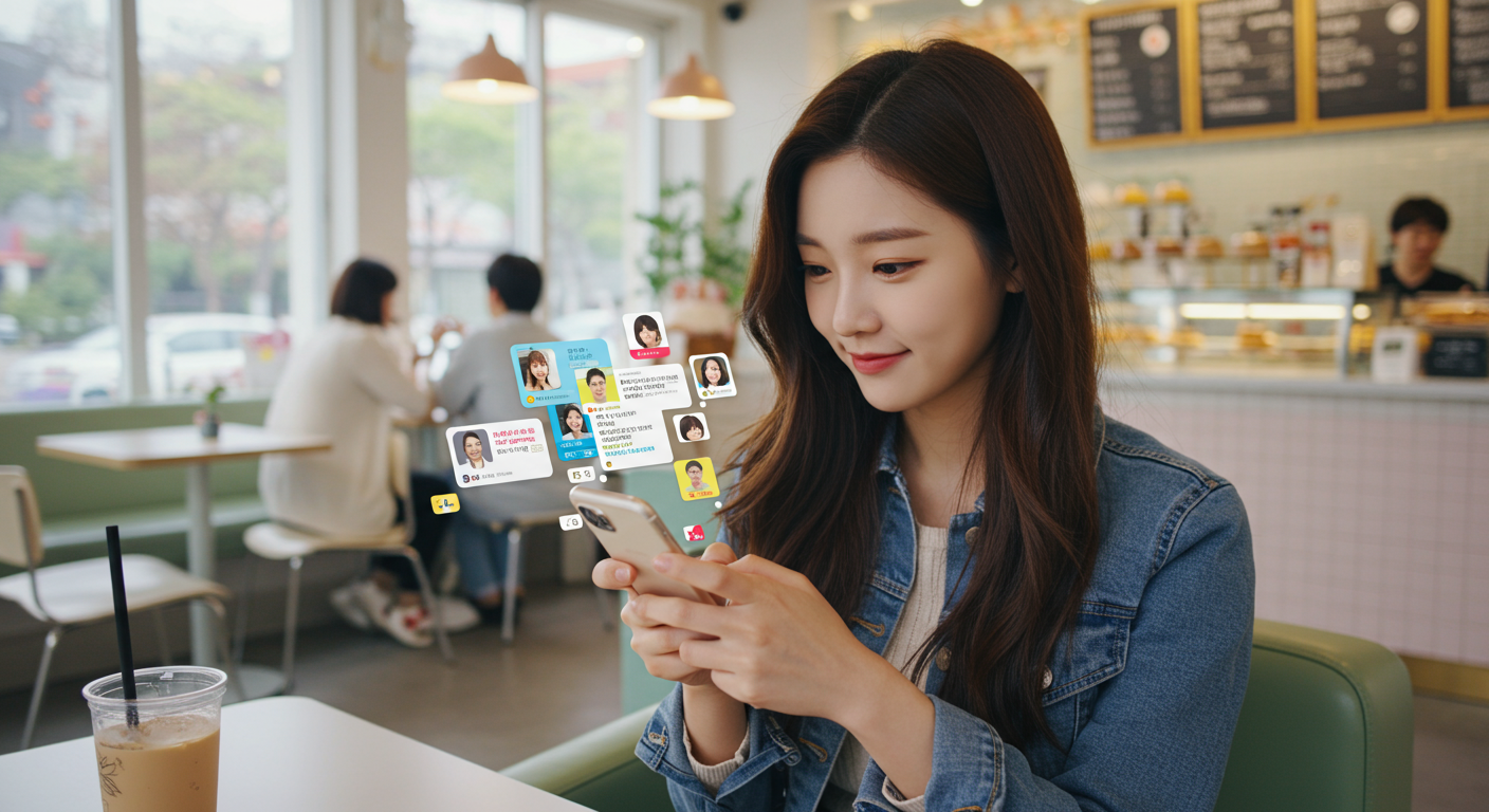 서울의 트렌디한 카페에서 스마트폰으로 여러 프로필을 바꾸는 젊은 여성