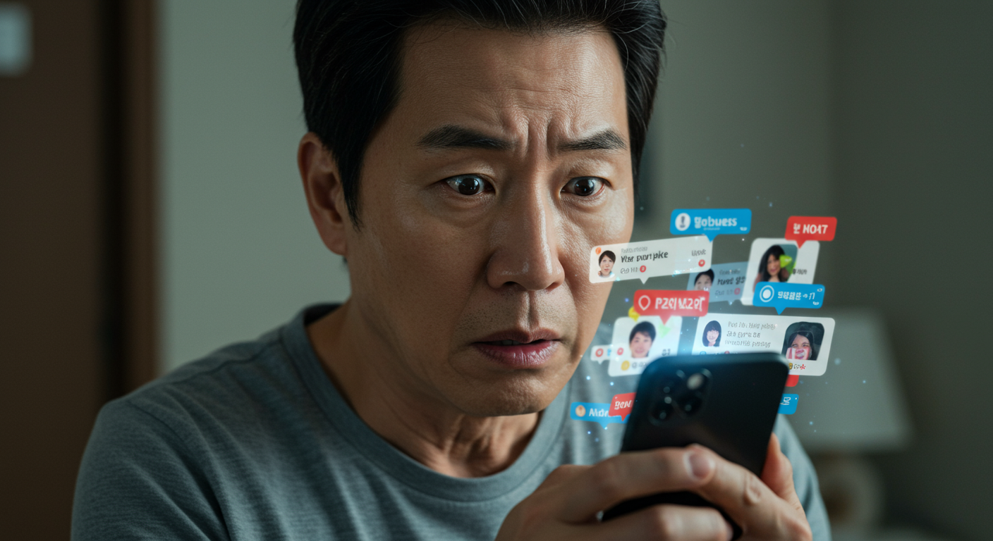친구들의 변경된 프로필 알림을 보고 혼란스러워하는 남성의 클로즈업