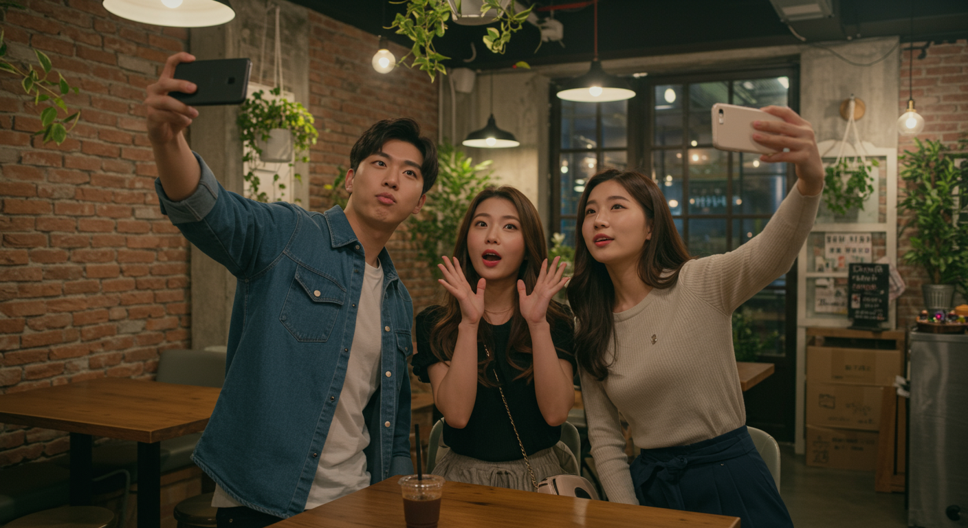트렌디한 도시 카페에서 스마트폰으로 메이투 앱을 사용하는 젊은 세대들