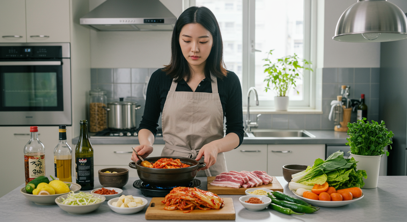 젊은 여성이 현대적인 주방에서 신선한 재료로 김치찌개를 준비하는 모습